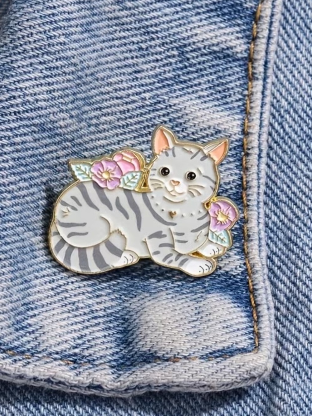 Polychrome Cat Enamel Pin - Cute Gray Tabby with Pink Flowers